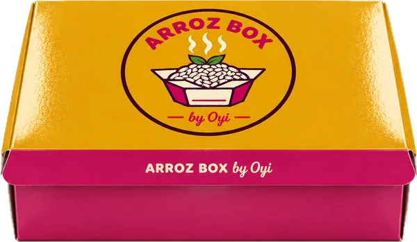 A wide mustard-gold and magenta Arroz Box protein box with the Arroz Box by Oyi logo on the lid
